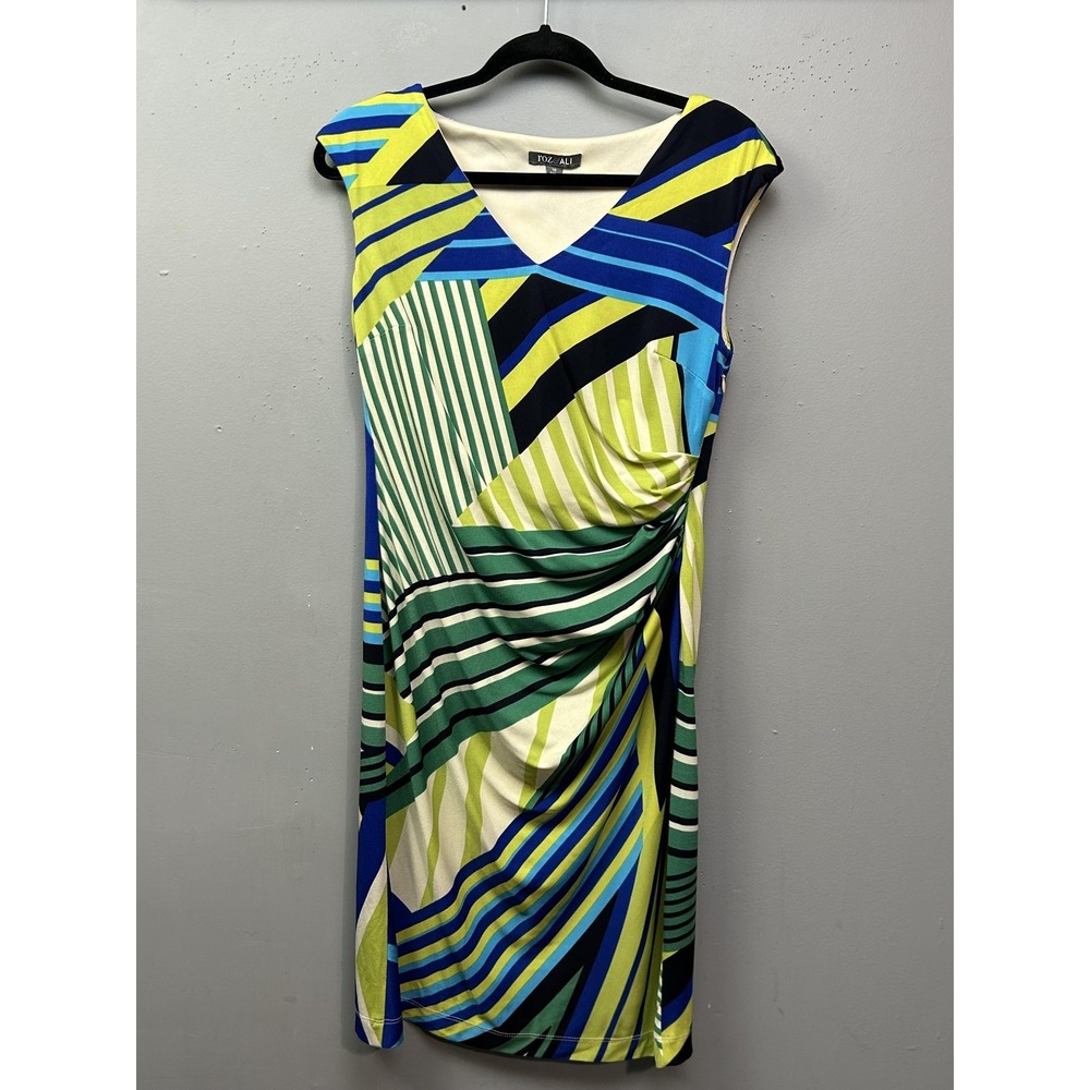 Roz & Ali Dress Womens 10 Multicolor Striped Sheath V-Neck Ruched Knee Length